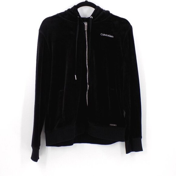 Calvin Klein Velour Hooded Jacket Size Large Black Full zip - Picture 1 of 4